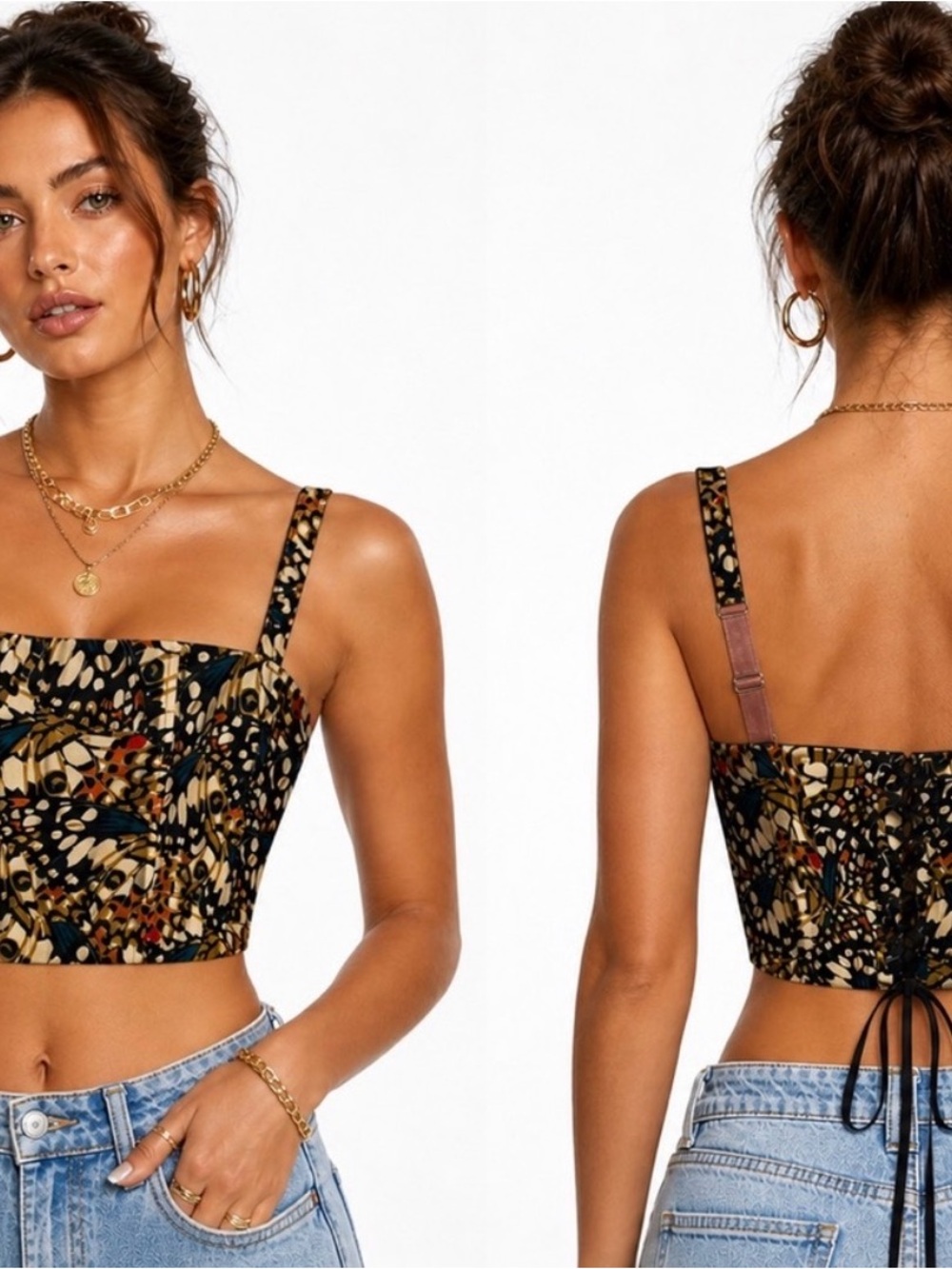 Wildfang Black Multi-Print Lace-Up Square Crop Top